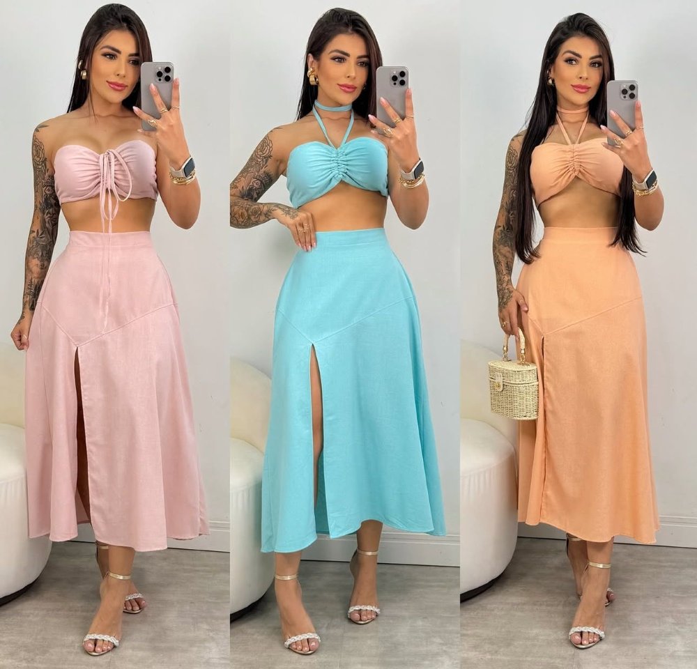 Conjunto Cropped + Saia Midi