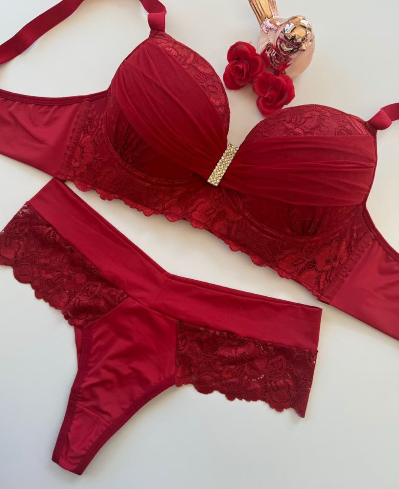 Conjunto Lingerie Vermelho Plus com Renda