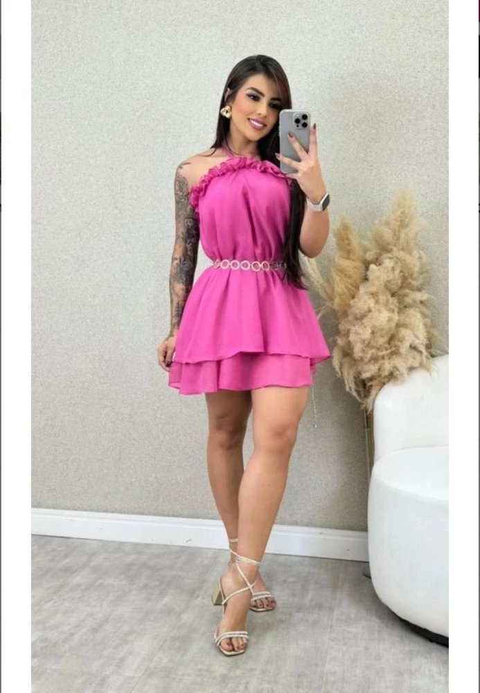 Vestido Pink com Babado e Cinto